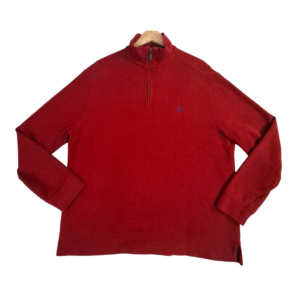 VTG Polo Ralph Lauren Mens XL Red 1/4 Zip Pullover Cotton Sweater Blue Pony 90s